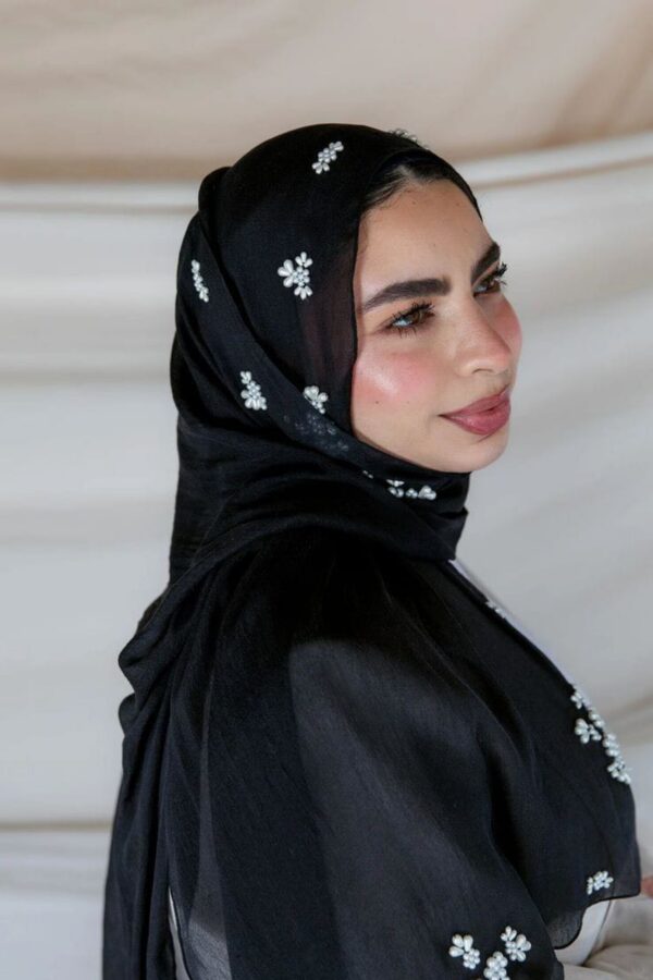 Black Chiffon Hijab with Pearl Embroidered Flowers