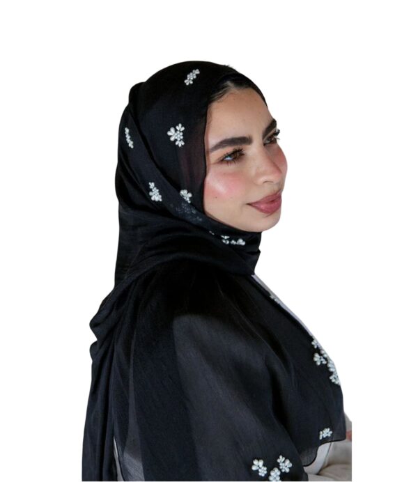 Black Chiffon Hijab with Pearl Embroidered Flowers - Image 2