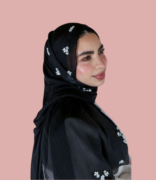 Black Chiffon Hijab with Pearl Embroidered Flowers - Image 3