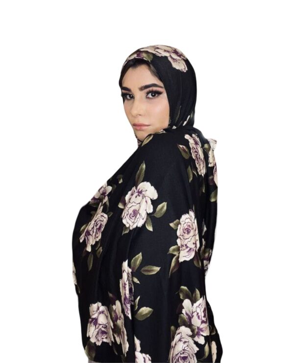 Luxe Black Rose Print Jersey Hijab - Image 2