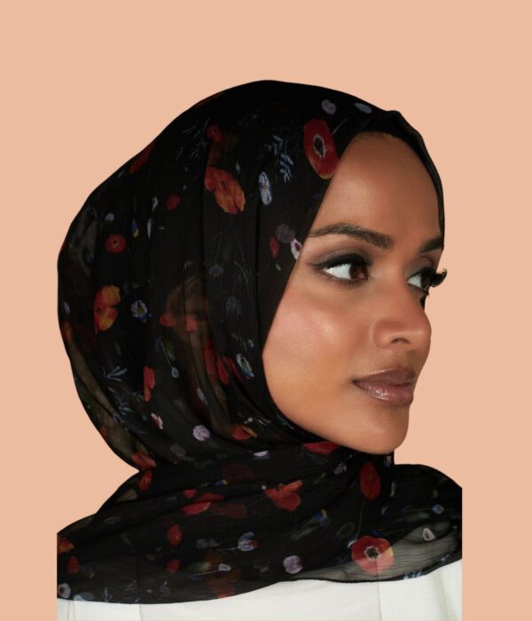 Floral Black Chiffon Hijab - Image 3