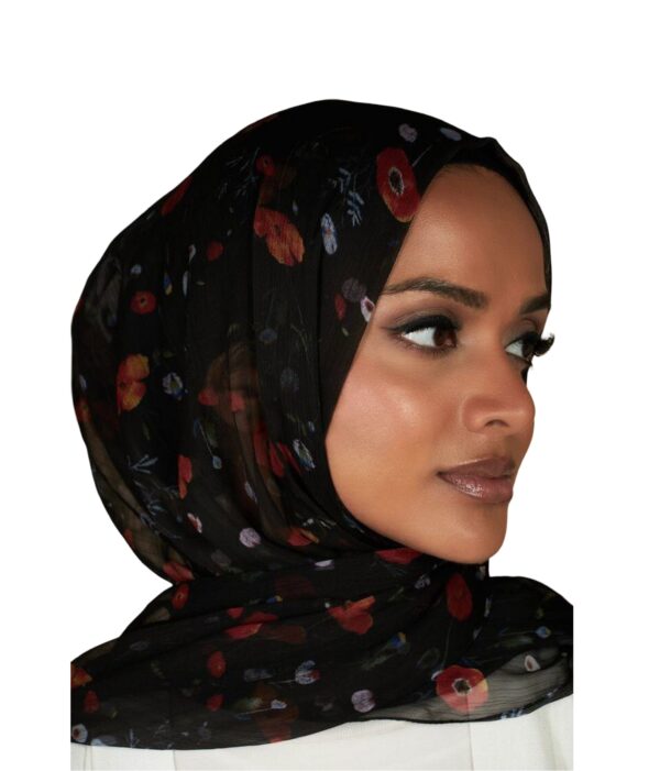 Floral Black Chiffon Hijab - Image 2