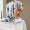 Frosted Bloom Satin Hijab – Misty Blue Floral Elegance