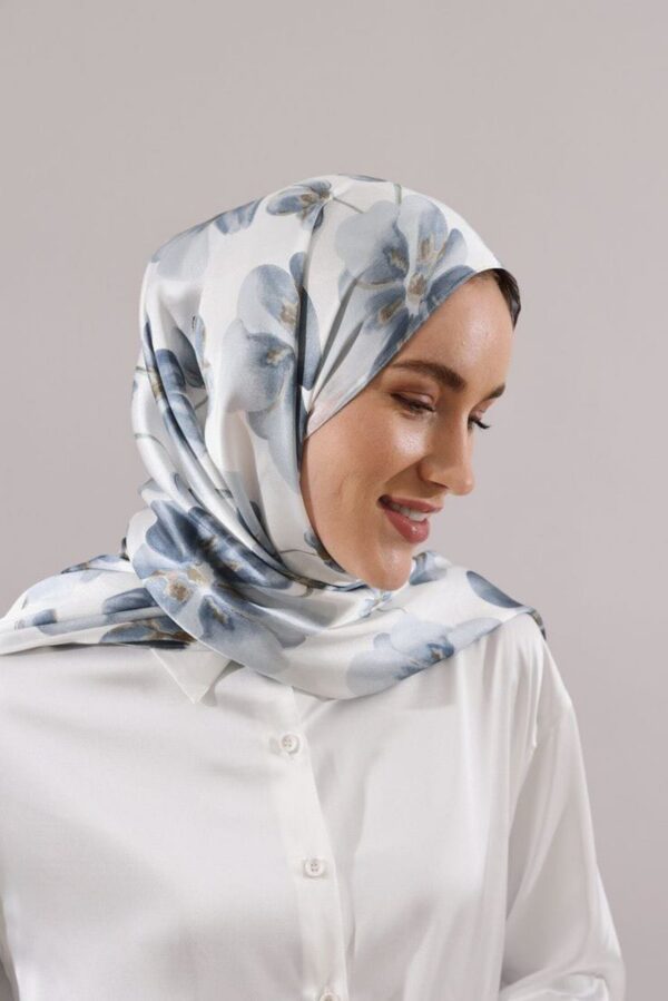 Frosted Bloom Satin Hijab – Misty Blue Floral Elegance - Image 2