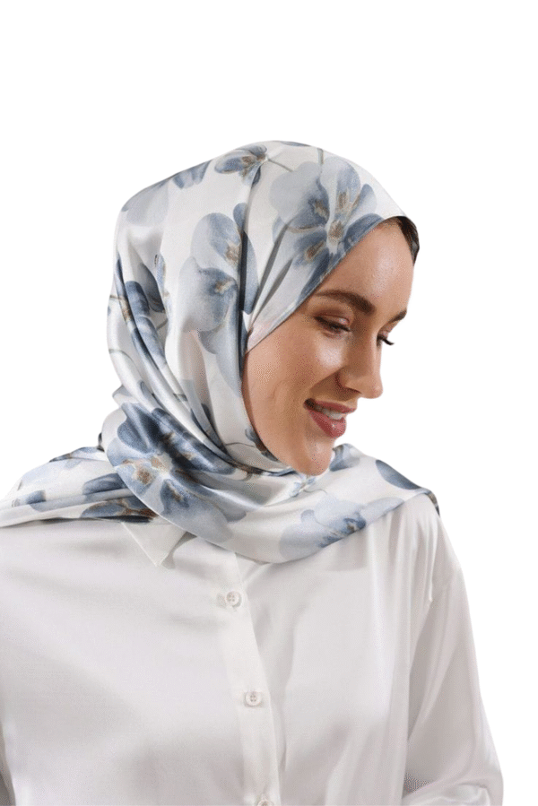 Frosted Bloom Satin Hijab – Misty Blue Floral Elegance - Image 3