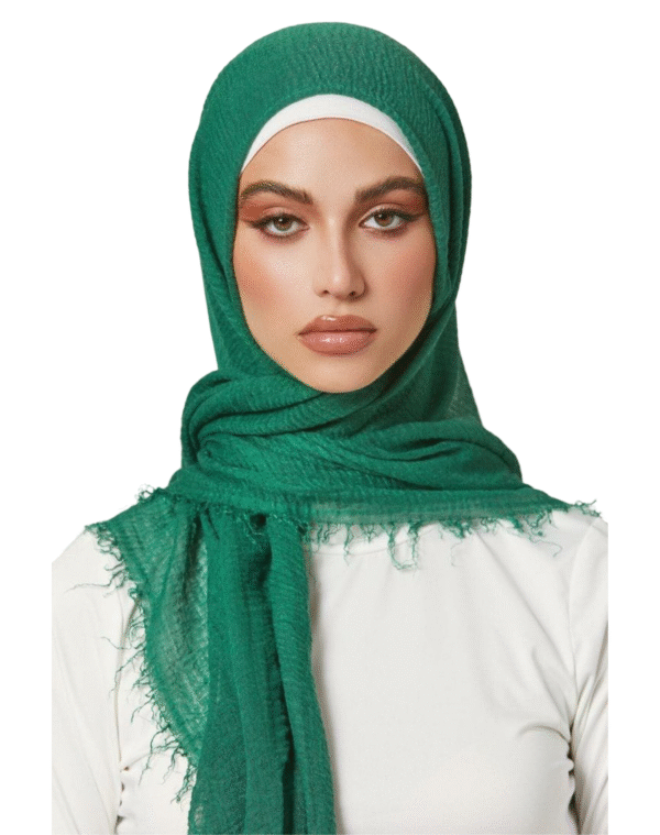 Textured Green Hijab with Frayed Edges - Image 2