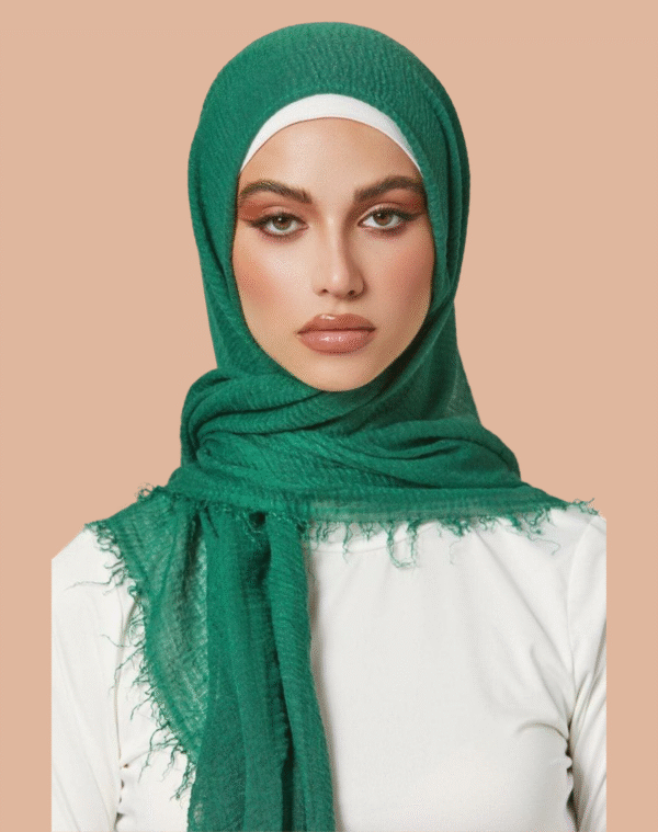 Textured Green Hijab with Frayed Edges - Image 3