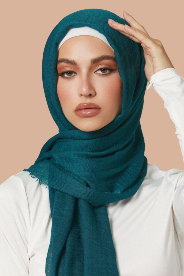 Deep Teal Textured Hijab with Raw Hem Finish - Image 2