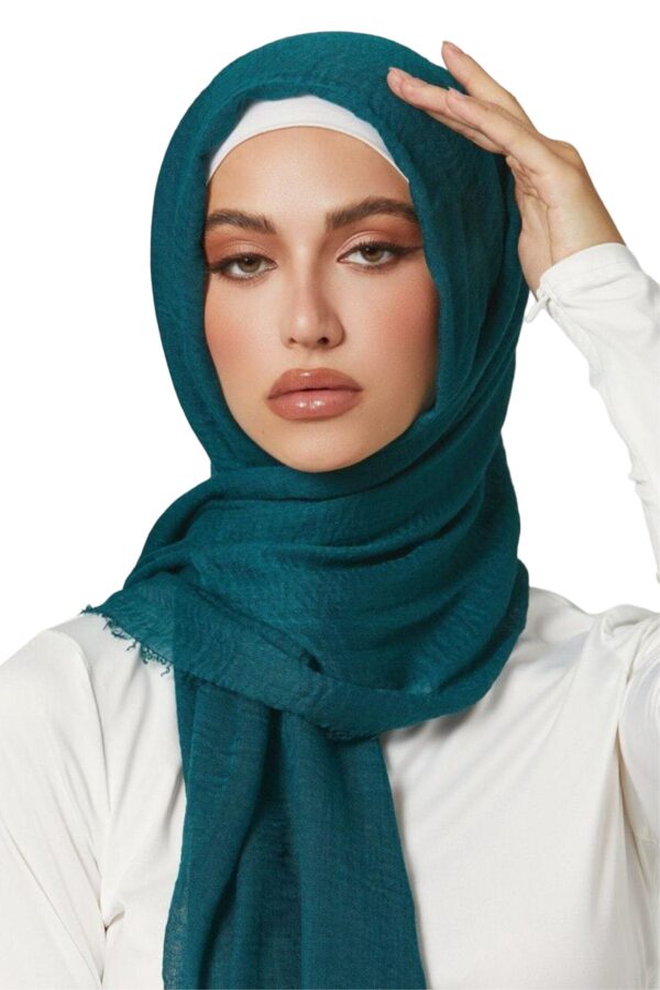 Deep Teal Textured Hijab with Raw Hem Finish - Image 3