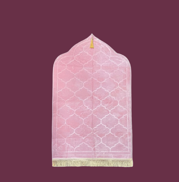Premium Turkish Velvet Prayer Mat – Pink with Geometric Pattern - Image 3