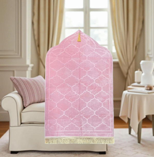 Premium Turkish Velvet Prayer Mat – Pink with Geometric Pattern