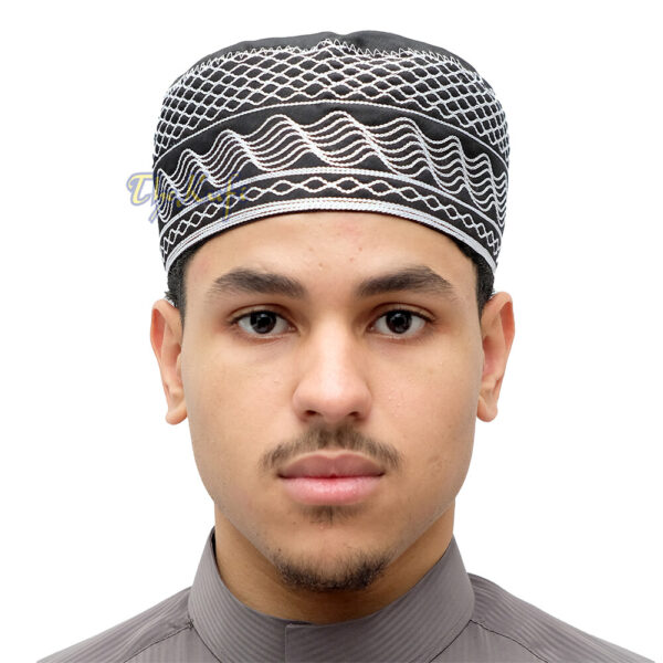 Regal Embroidered Black & White Kufi Cap