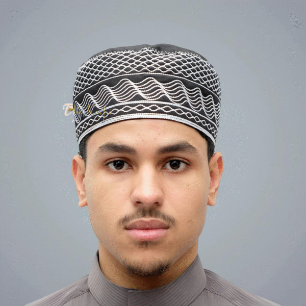 Regal Embroidered Black & White Kufi Cap