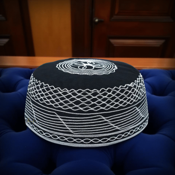 Regal Embroidered Black & White Kufi Cap - Image 2